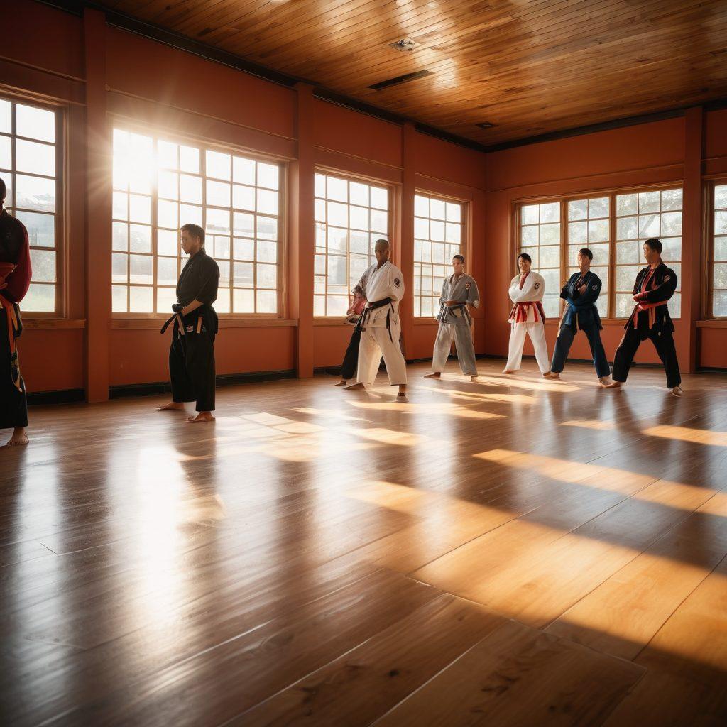A dynamic scene showcasing a diverse group of martial artists practicing together in a sunlit dojo filled with motivational posters. The expressions of joy and determination highlight the sense of community and confidence building. Include various martial arts uniforms and colorful belts to represent inclusivity. A warm, inviting atmosphere with soft shadows and natural light streaming through large windows. vibrant colors. super-realistic.