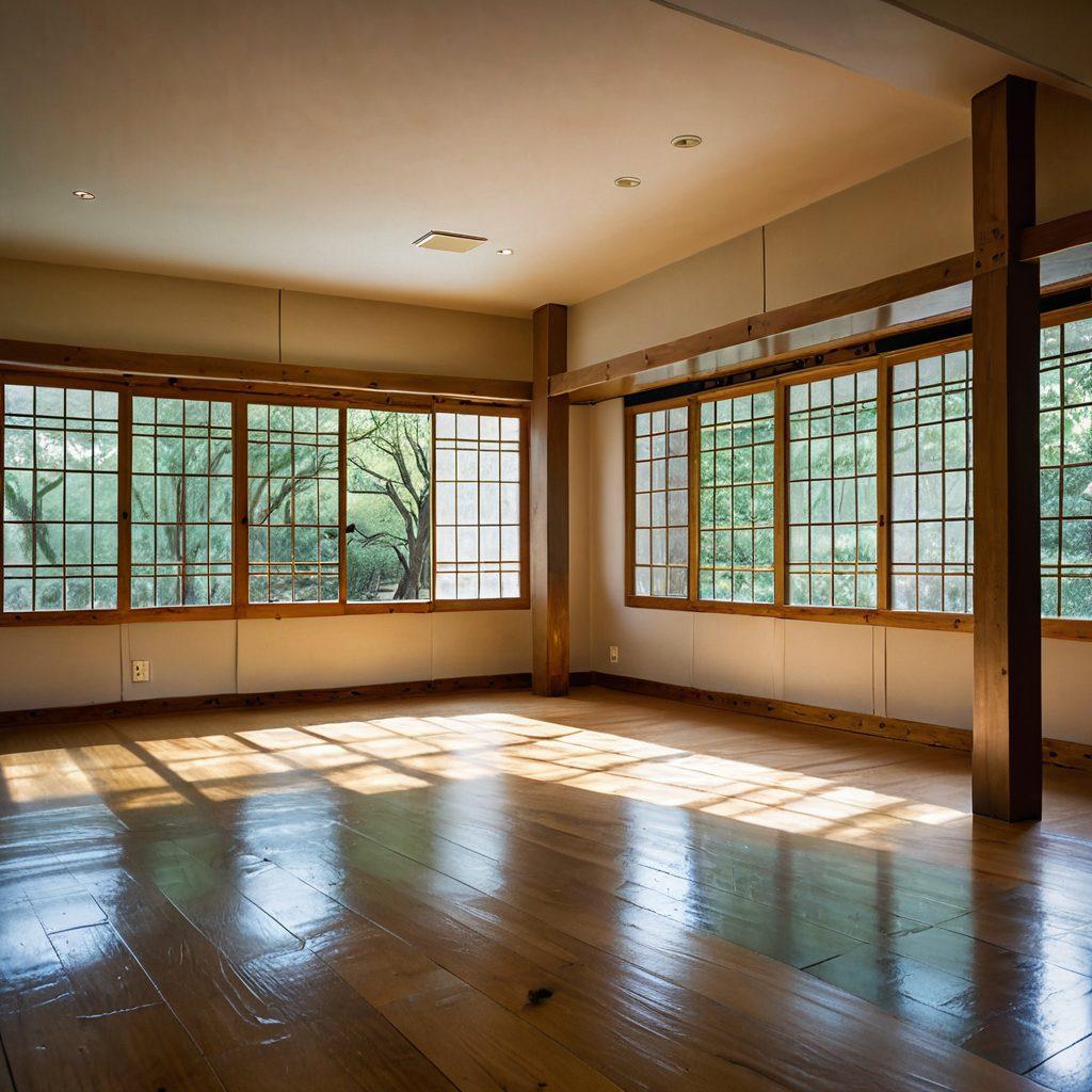 A serene dojo setting with a diverse group of individuals practicing martial arts, showcasing both sparring techniques and moments of self-reflection. Include soft lighting filtering through paper doors, a sense of connection and empowerment among the practitioners, and a tranquil atmosphere. Display motivational phrases subtly in the background. painting. warm tones. soft focus.