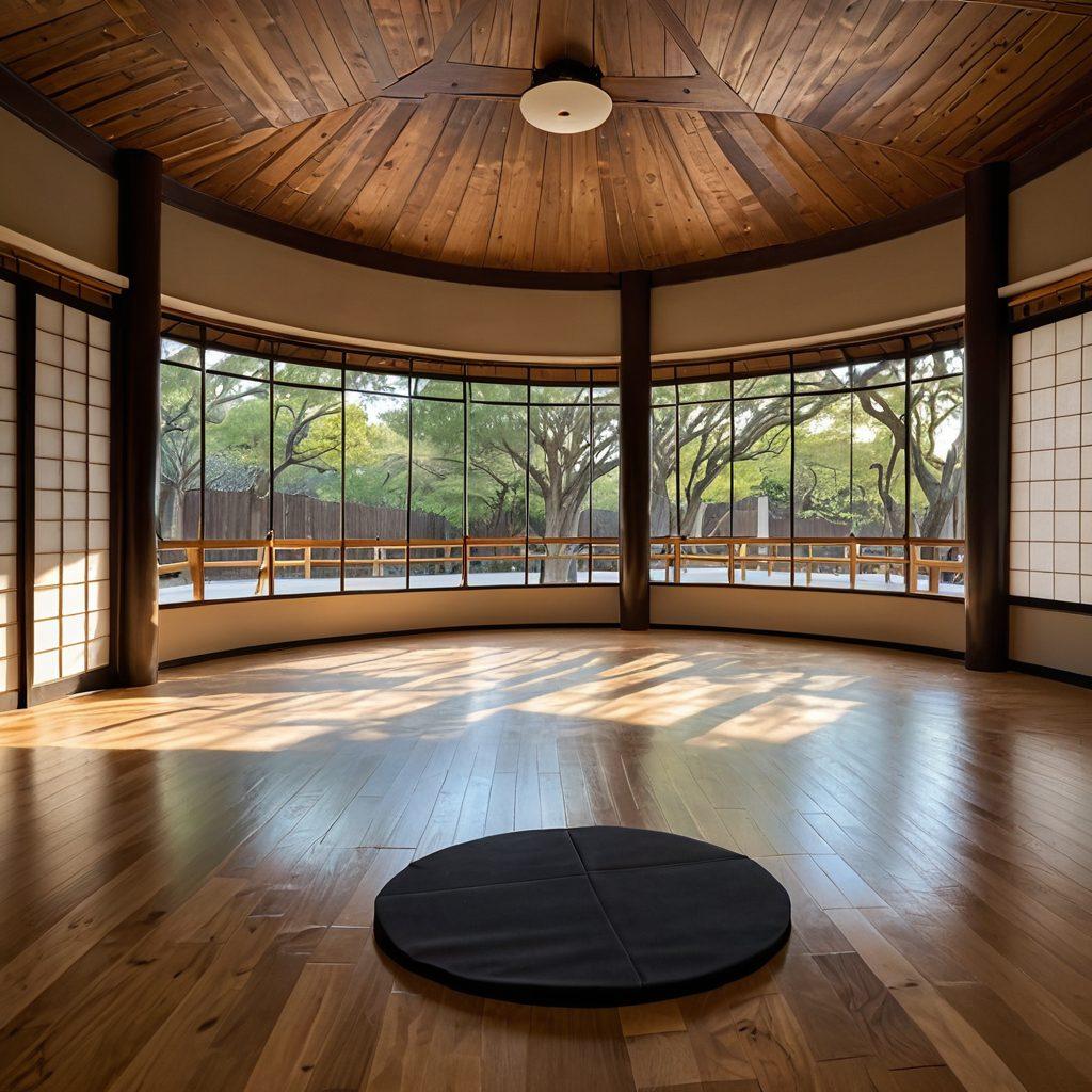 A serene martial arts dojo with practitioners of diverse backgrounds engaged in graceful movements, radiating confidence and harmony. Soft sunlight filters through traditional shoji screens, highlighting a circular motif symbolizing community and connection. Subtle heart shapes subtly incorporated into the surrounding decor. A calming color palette of earthy tones and pastels. super-realistic. vibrant colors. peaceful atmosphere.